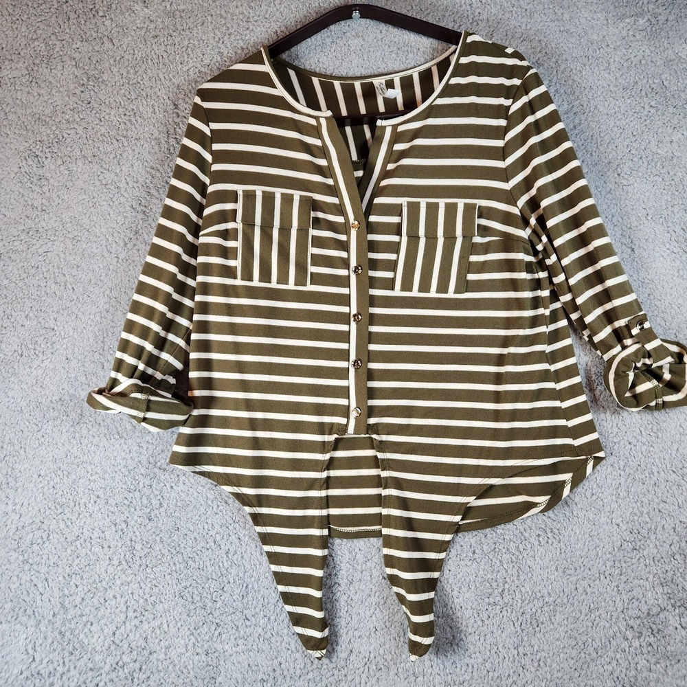 PerSeption Green and White Strip Shirt‎ -  Woman's Size Large - Front Tie